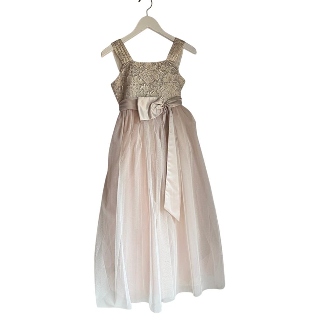 Chantilly Place Champagne Flower Girl Dress Tulle Metallic Jacquard Formal
